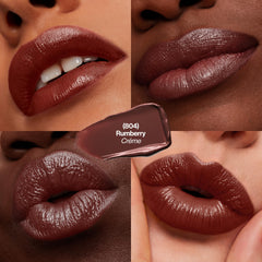 Close-up of REVLON lipstick showing microfine pigments for rich color.