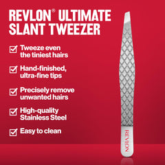 REVLON Ultimate Slant Tweezer stainless steel construction for durable use and easy cleaning.