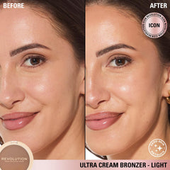 Revolution Beauty London applying bronzer to cheekbones for sculpted warmth