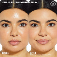 Revolution Beauty London Superfix niebla fijadora, enfoque en la pulverización rápida para un acabado mate.