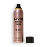 Revolution Beauty London Superfix niebla fijadora, vista frontal de la botella, fijación ligera para maquillaje.
