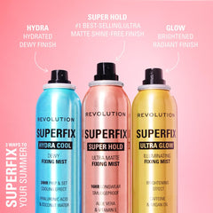 Revolution Beauty London Superfix niebla fijadora, ingredientes Aloe y Vitamina E para cuidado suave.