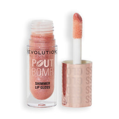 Revolution Pout Bomb Shimmer Glimmer Nude bottle highlights high-shine finish