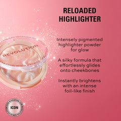 Revolution Reloaded highlighter powder delivers intense pigment for dewy finish.