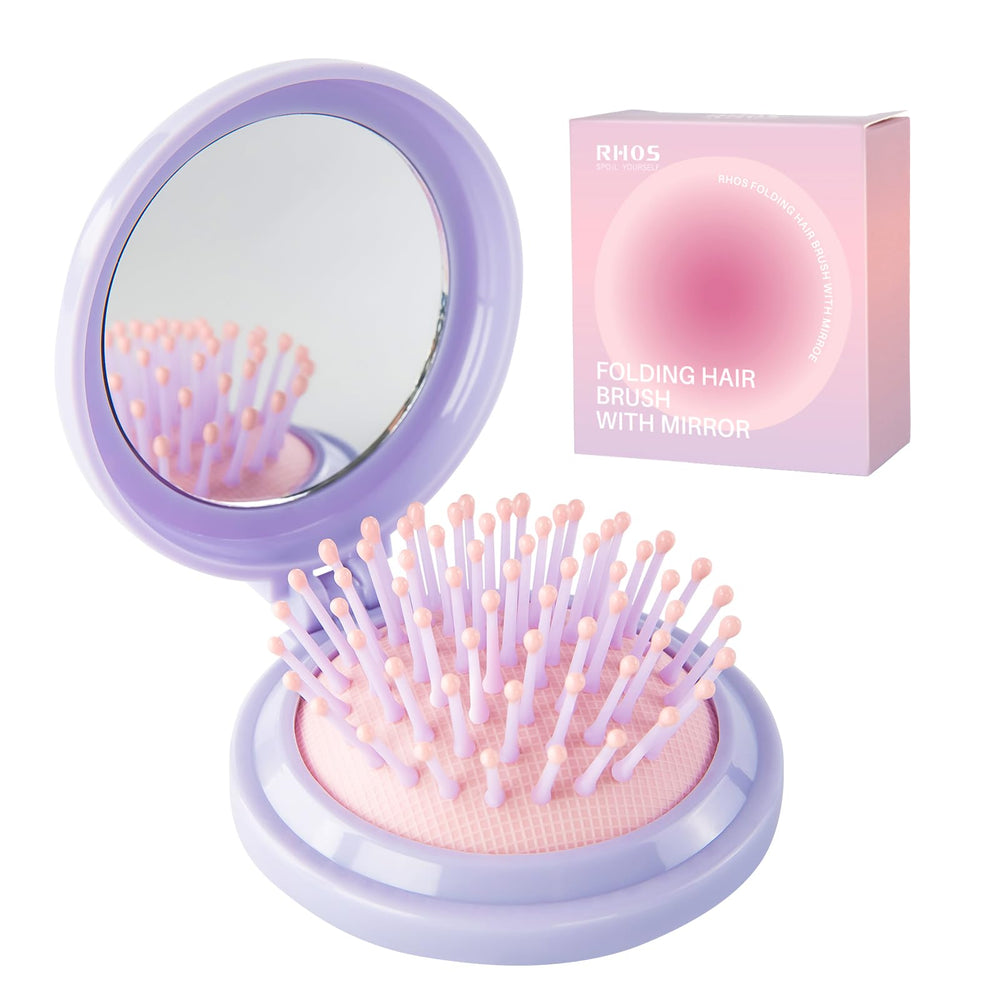 RHOS folding hair brush with mirror in purple for travel touch-ups