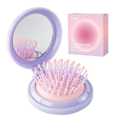 RHOS folding hair brush with mirror in purple for travel touch-ups