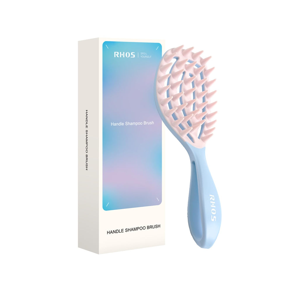 RHOS scalp massager with curved ergonomic design for gentle cleansing