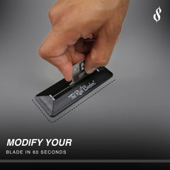 Home grooming setup with The Rich Barber sharpener for precise edges.