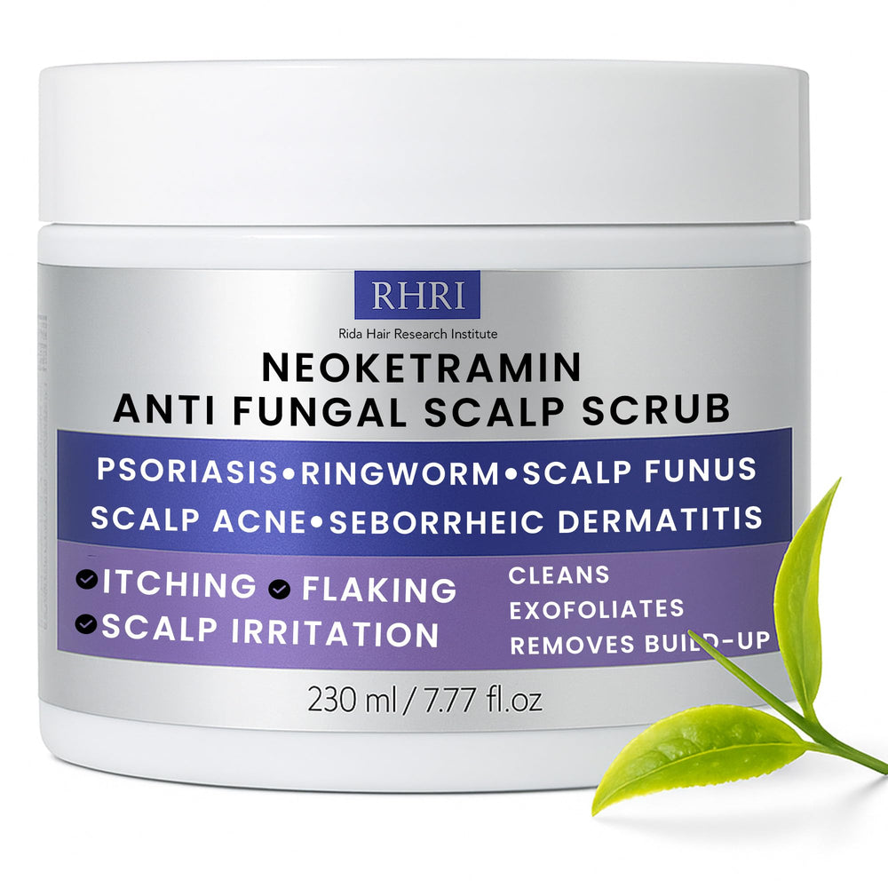 Rida Hair Research Institute anti fungal scrub bottle closeup with medicated formula for dandruff relief.