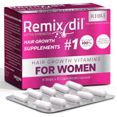 Remixidil hair growth vitamins bottle highlights root nourishment for thicker-looking hair.