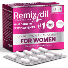 Remixidil hair growth vitamins bottle highlights root nourishment for thicker-looking hair.