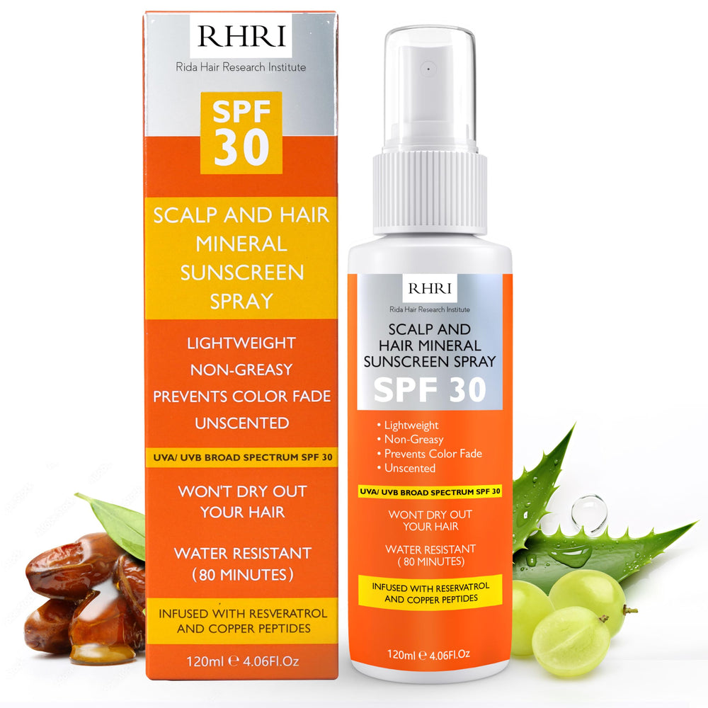 Rida Hair SPF 30 sunscreen spray bottle provides daily UV protection for hair