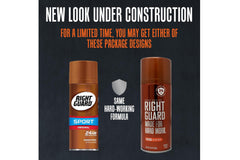 Right Guard label closeup highlights original scent and anti-stain formula.