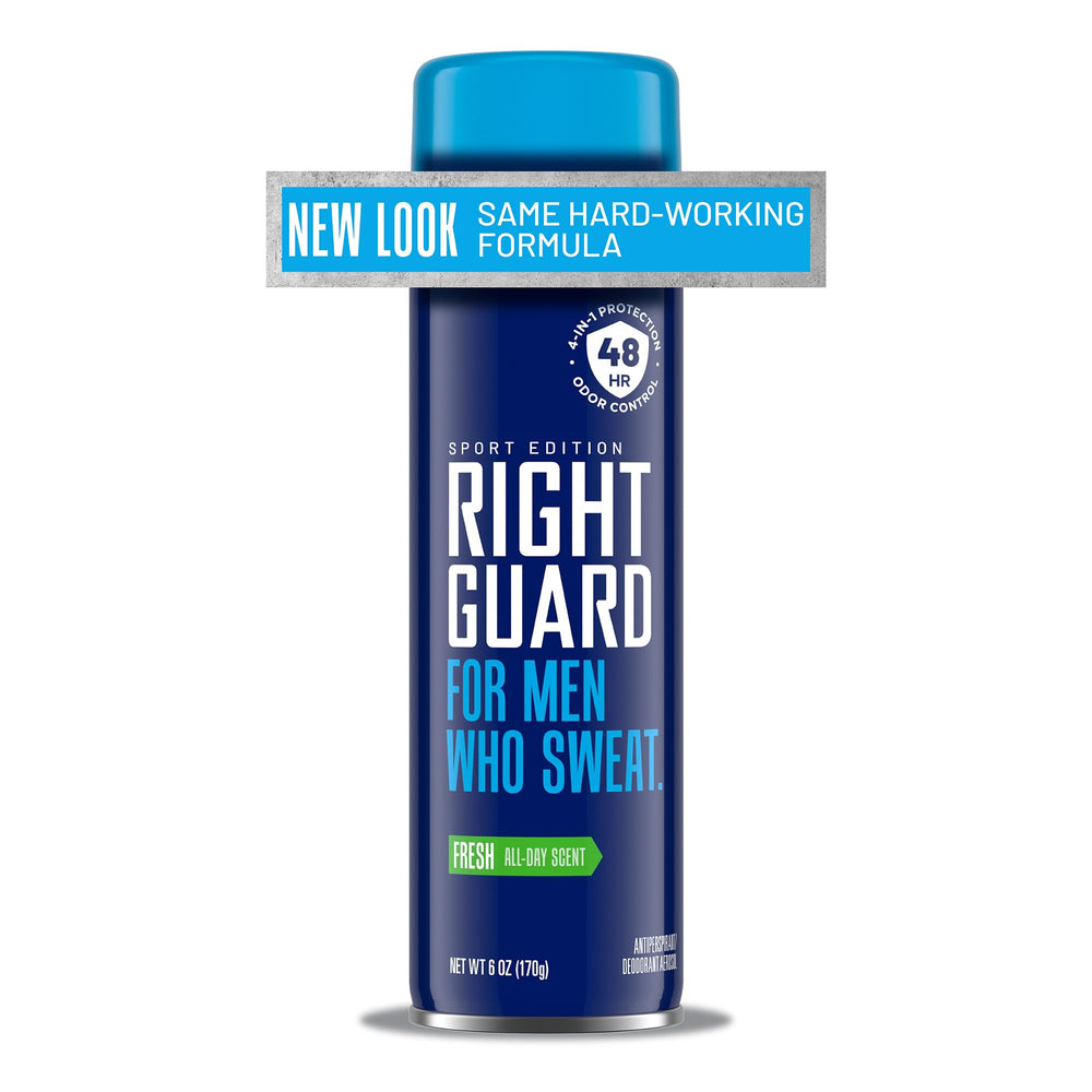 Right Guard Sport Fresh Scent spray illustrating easy application for all-day confidence and dryness