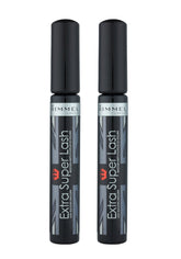 Rimmel Extra Super Lash Mascara Black tube, sleek packaging for easy daily use and lengthening.