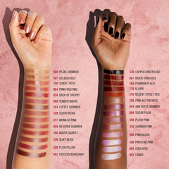Rimmel Kate Lasting Finish Lipstick closeup highlights creamy texture and smooth application.