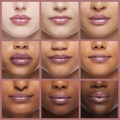 Rimmel lipstick close-up shows radiant glow and hydrated lips.