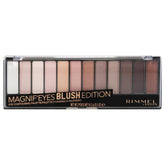Rimmel MagnifEyes palette close-up shows 12 shades for versatile daytime to evening looks.