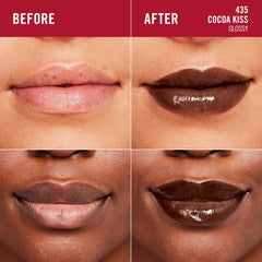 Rimmel Stay Glossy Cocoa Kiss on-lip look delivers smooth, non-sticky wear