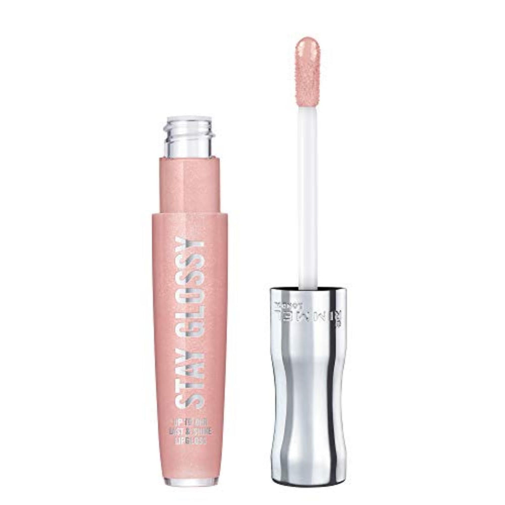 Rimmel Stay Glossy Dorchester Rose bottle shows vibrant color and lasting shine.