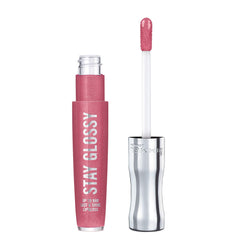 Rimmel Stay Glossy gloss-color-shine on lips showing vibrant color and shine.