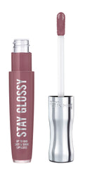 Rimmel Stay Glossy lip gloss packaging with sleek shine and easy access wand.