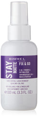 Rimmel Stay Matte Fix and Go bottle demonstrates oil-free formula for shine control.