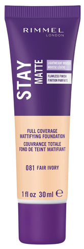Rimmel Stay Matte bottle in 081 Fair Ivory, oil-free foundation for shine control