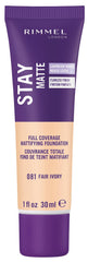 Rimmel Stay Matte bottle in 081 Fair Ivory, oil-free foundation for shine control
