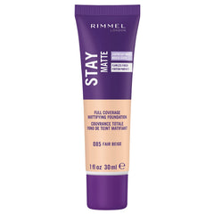 Rimmel Stay Matte Liquid Mousse 085 Fair Beige bottle demonstrates oil-free, shine-control performance.