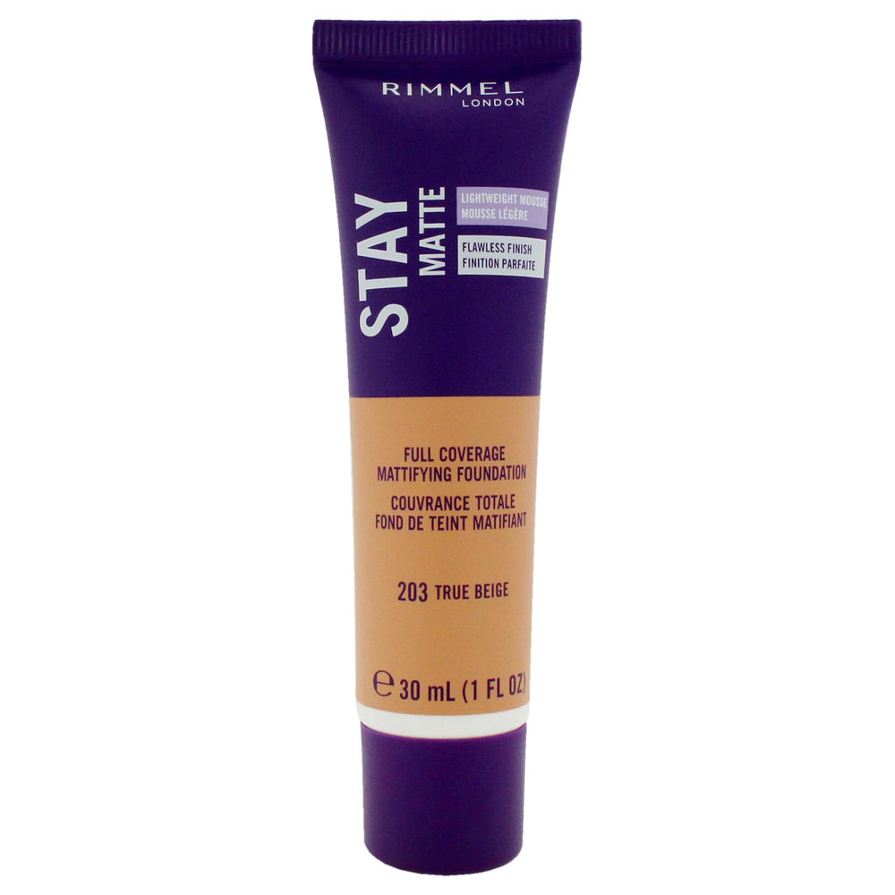 Rimmel Stay Matte Liquid Mousse bottle closeup shows oil-free shine control.
