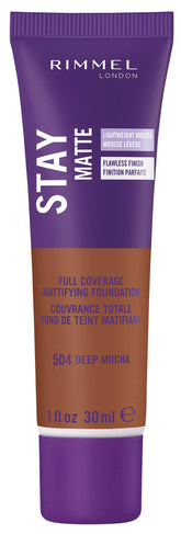 Rimmel Stay Matte Liquid Mousse bottle close-up in Deep Mocha, oil-free coverage for shine control.