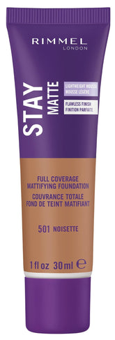 Rimmel Stay Matte Liquid Mousse Noisette bottle showing oil-free matte finish for oily skin