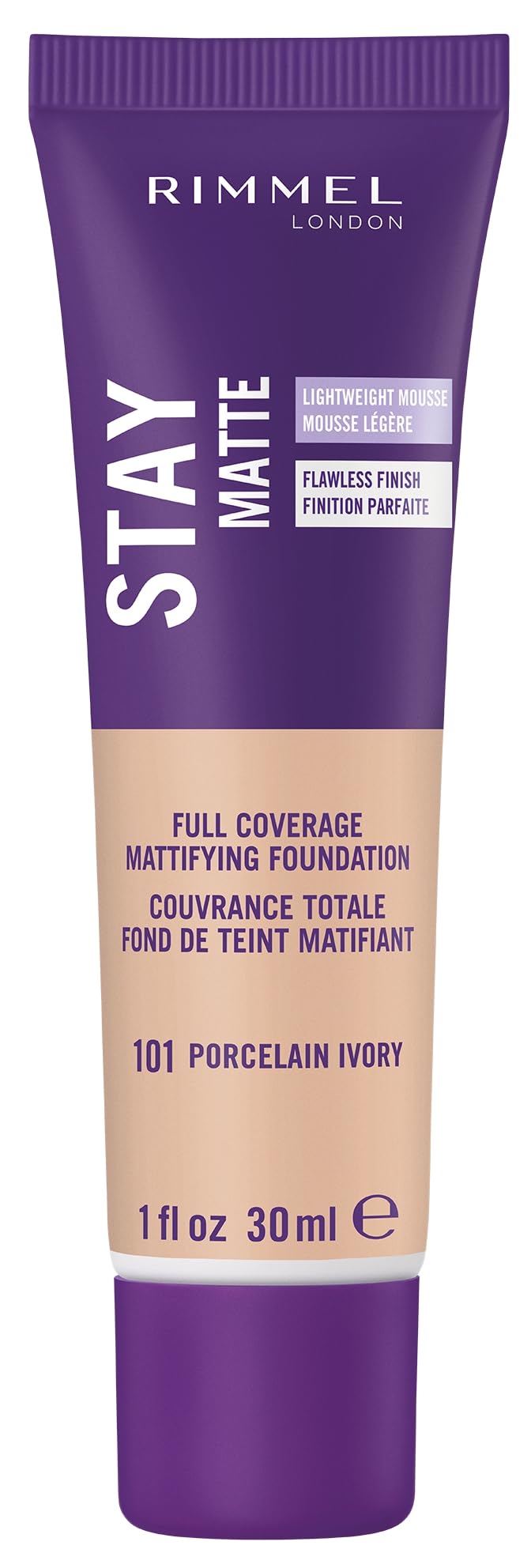 Rimmel Stay Matte Liquid Mousse Porcelain Ivory bottle with oil-free matte finish.