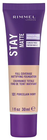 Rimmel Stay Matte Liquid Mousse Porcelain Ivory bottle with oil-free matte finish.