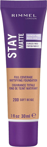 Rimmel Stay Matte Liquid Mousse Soft Beige bottle showing oil-free shine control.