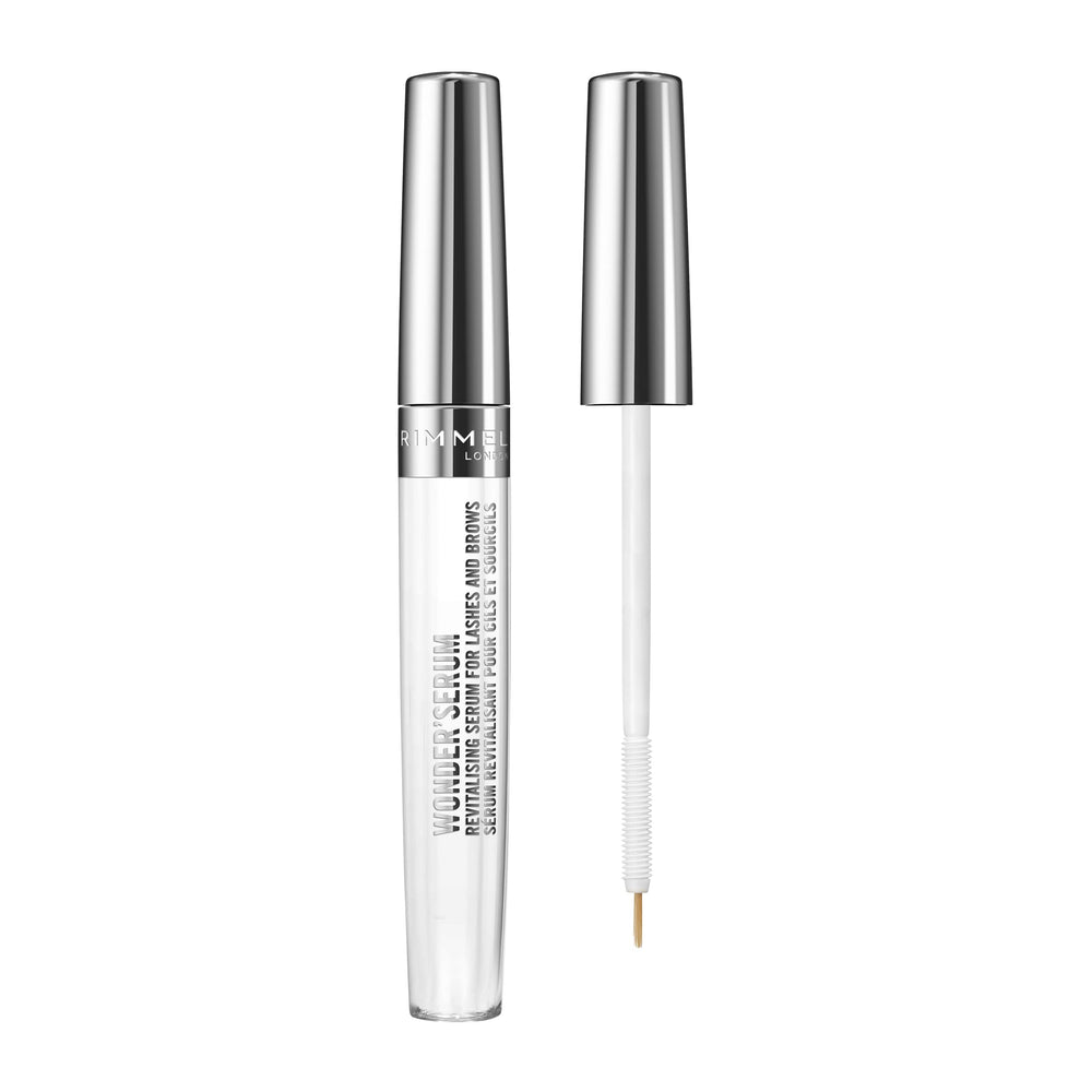Rimmel Wonder’Serum bottle close-up highlighting conditioning for lashes and brows.