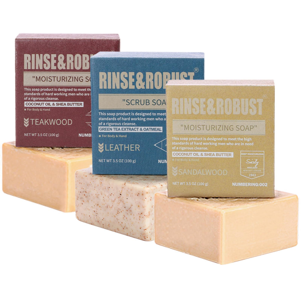 Rinse & Robust, barra aroma cuero; limpieza diaria y aroma duradero.