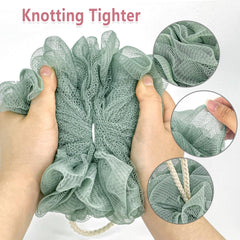 RNOAFMU gray shower loofah ball—compact handle and efficient drying.