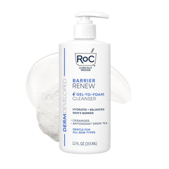 RoC Barrier Renew Gel-To-Foam cleanser bottle showing hydration-friendly formula.