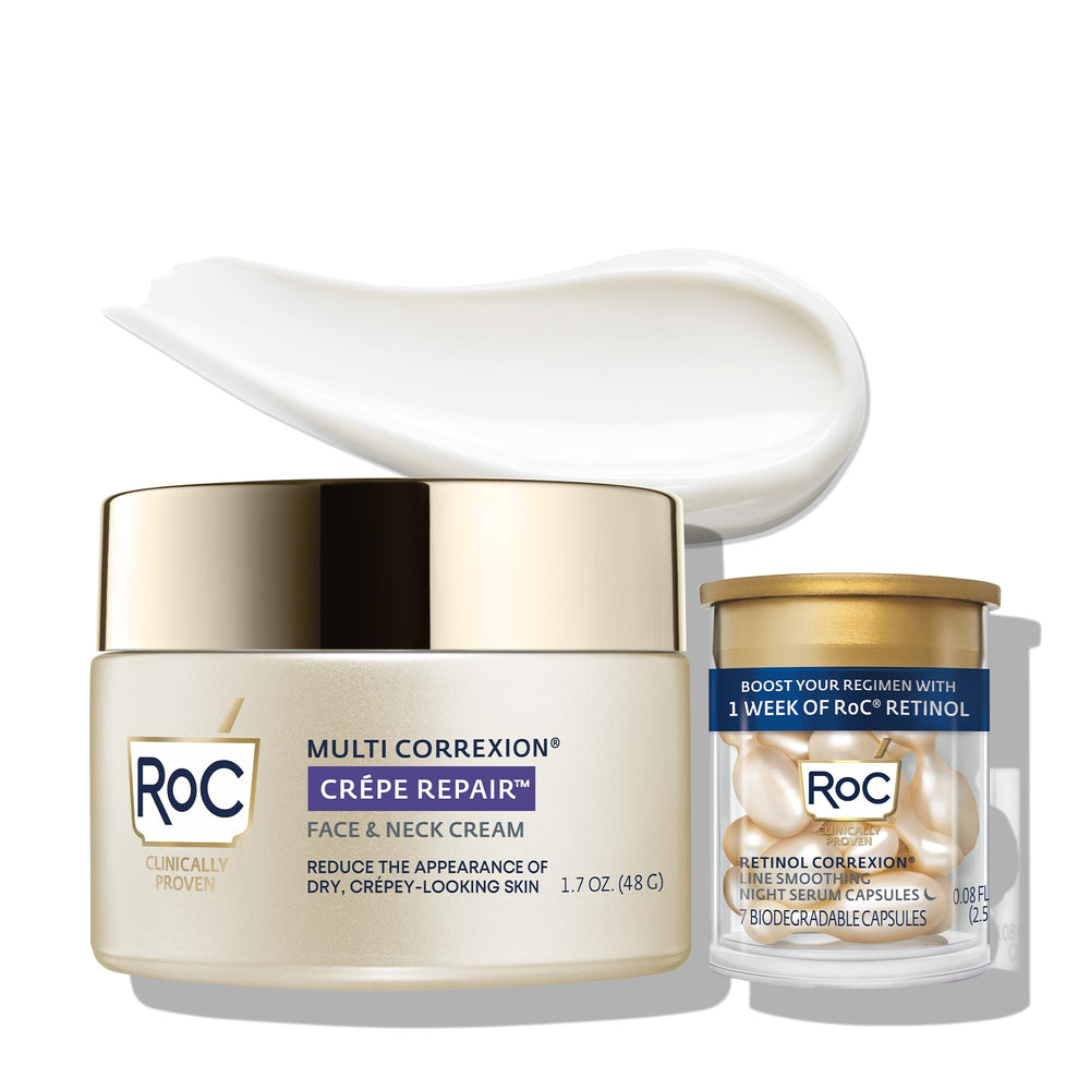 RoC Crepe Repair face neck cream smooths texture with rich hydration.