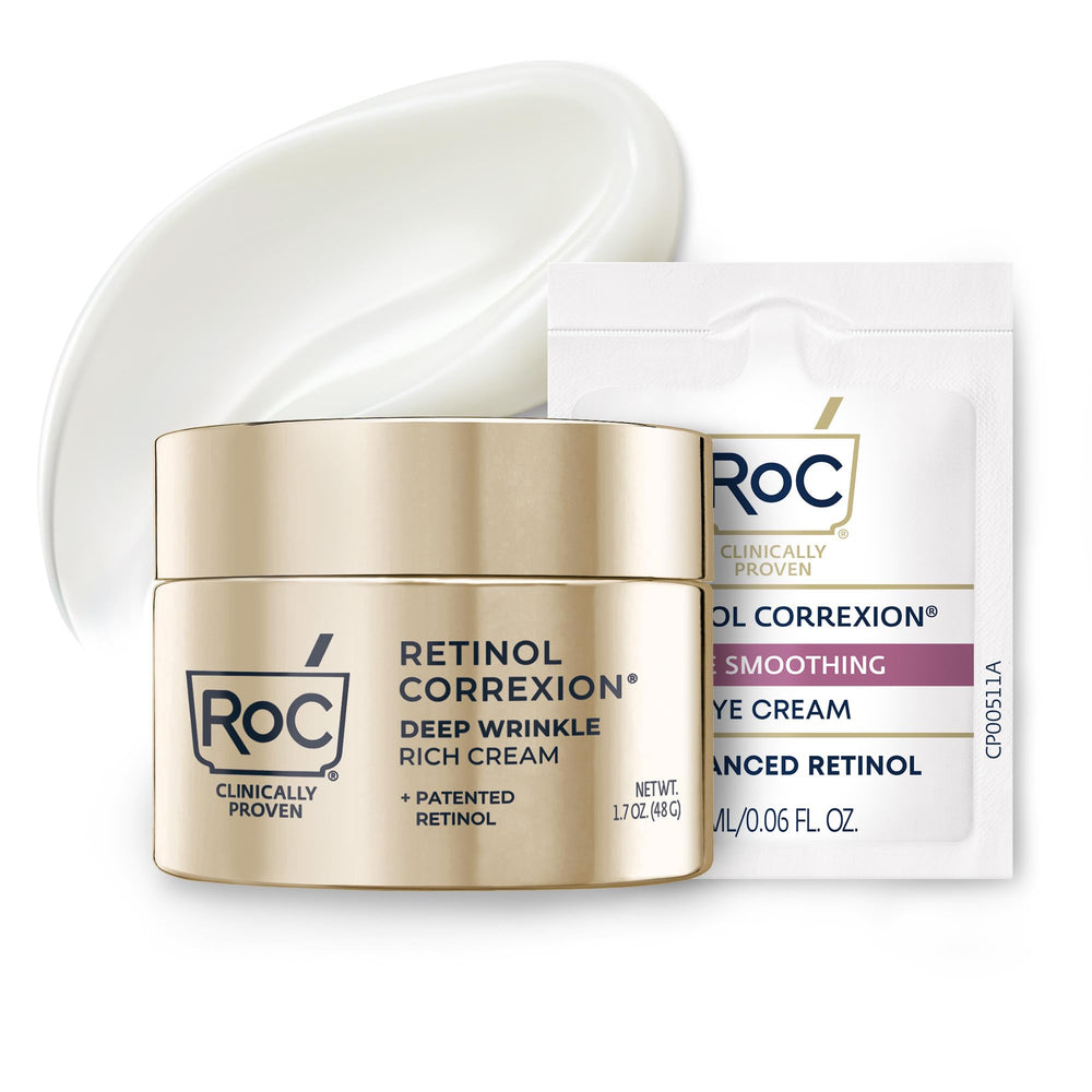 RoC Deep Wrinkle Rich Cream jar front showing fragrance-free, dermatologist-tested formula.