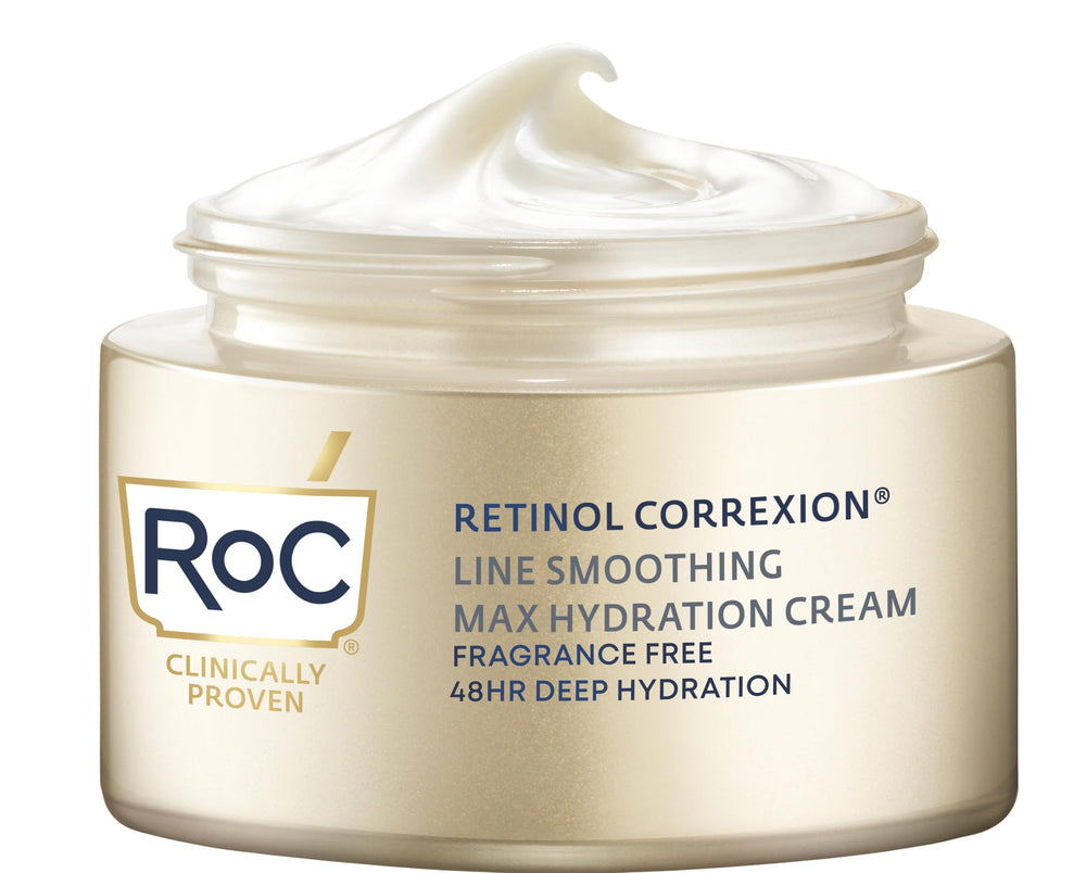 RoC Retinol Correxion Max Hydration cream jar shows fragrance-free daily moisture for dry skin