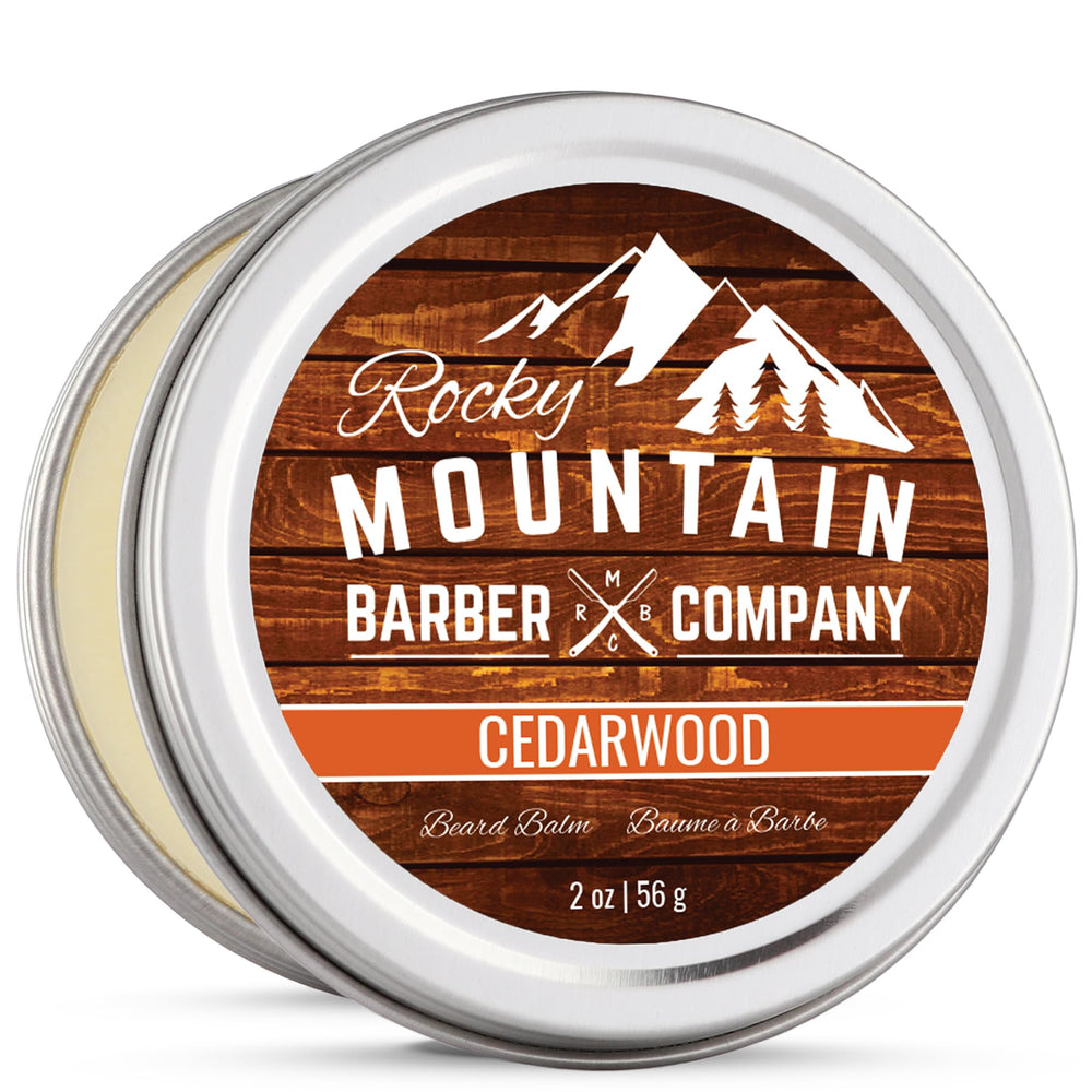 Rocky Mountain Barber Company Beard Balm Cedarwood Scent Tin for daily grooming.
