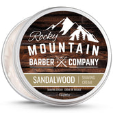 Rocky Mountain Barber Co shaving cream sandalwood tin front view for traditional shaving