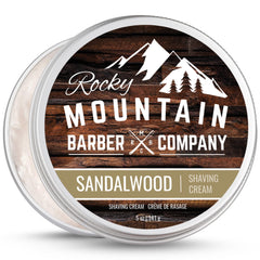 Rocky Mountain Barber Co shaving cream sandalwood tin front view for traditional shaving