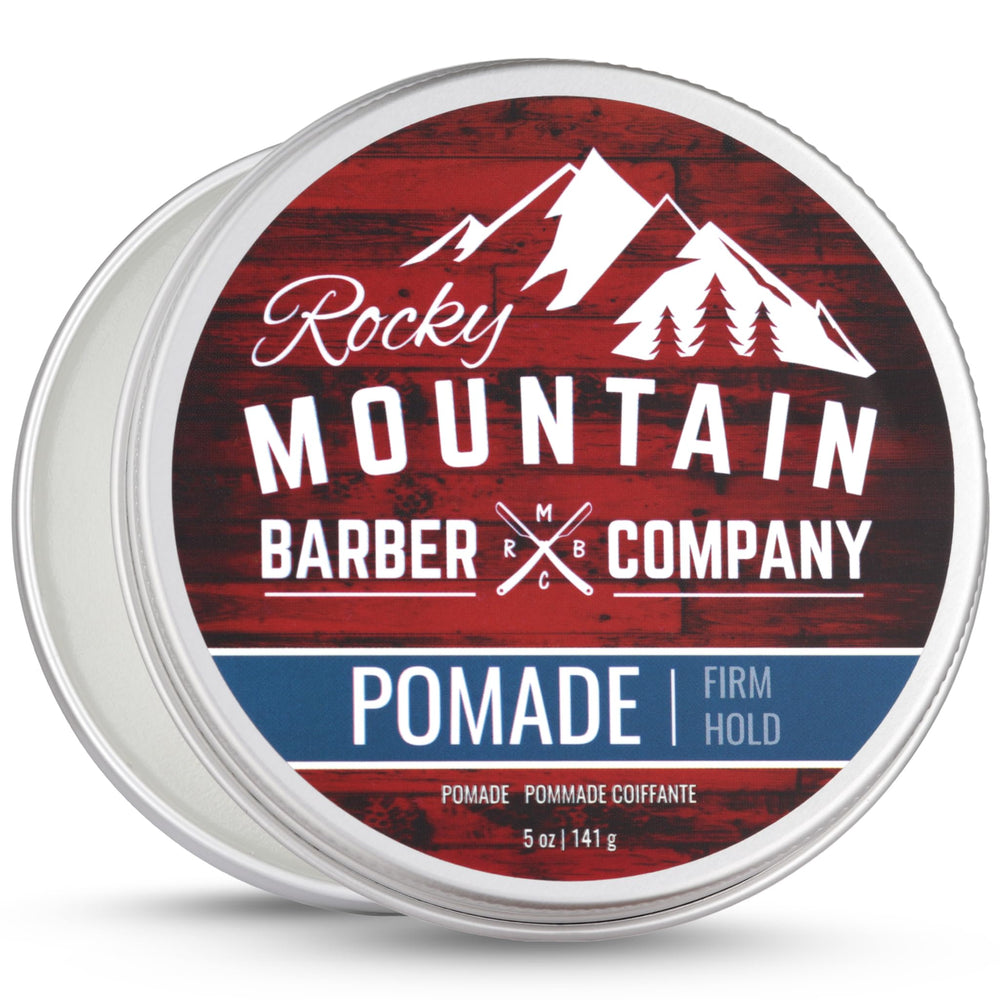 Pomada Rocky Mountain Barber Company en lata de 5 oz para fijación duradera.
