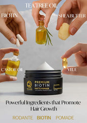 Rodante Beverly Hills Biotin pomade on styled hair with matte finish