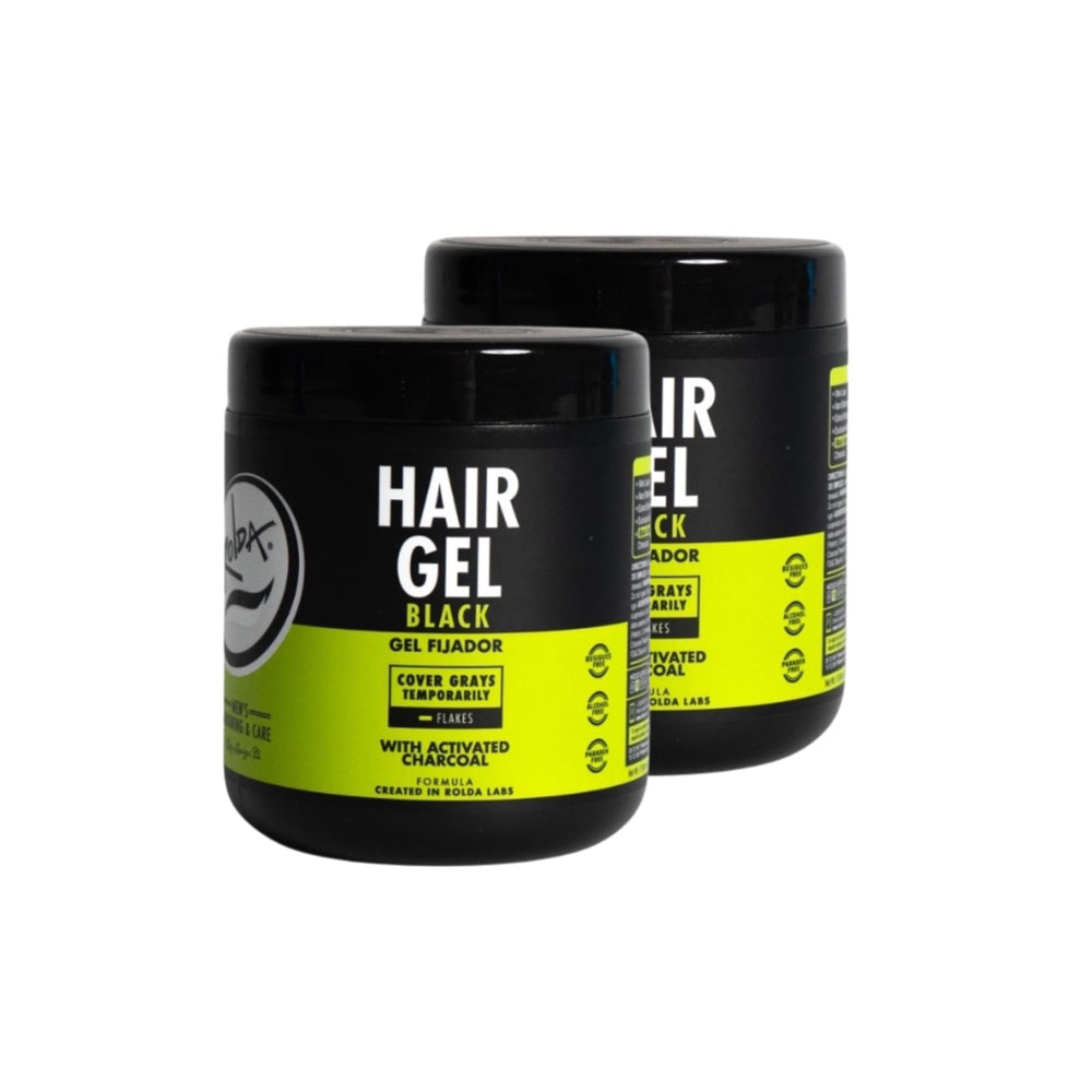 Rolda Black Styling Gel two-pack pack shot highlights bold dark hair styling