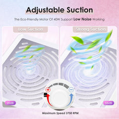 Rolokit Nail Dust Collector with LED lamp enables bright, detailed gel work.